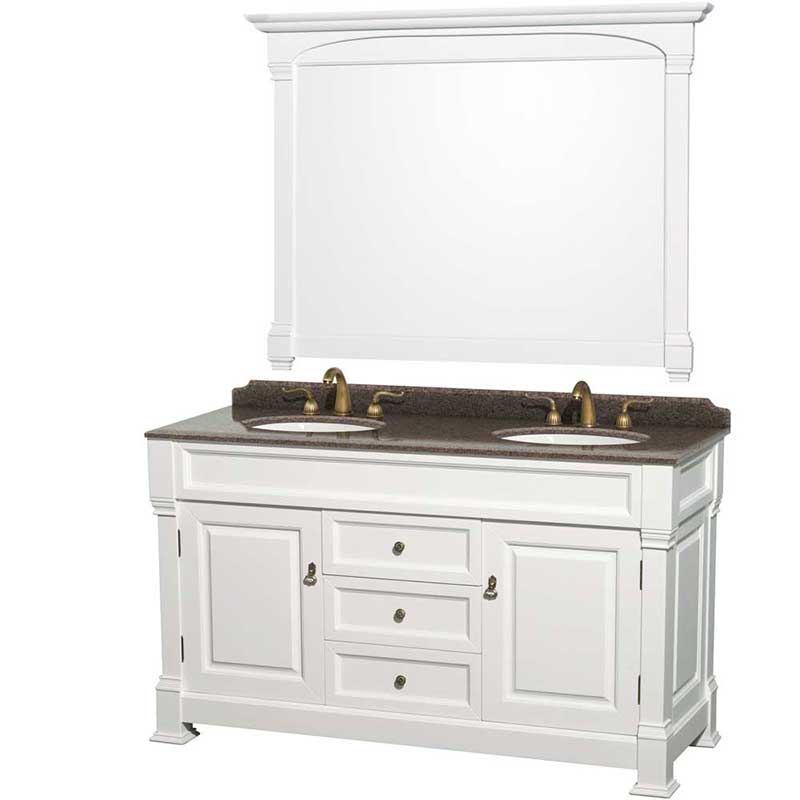 Andover 60" Double Bathroom Vanity in White, Imperial Brown Granite Countertop, Undermount Oval Sinks and 56" Mirror