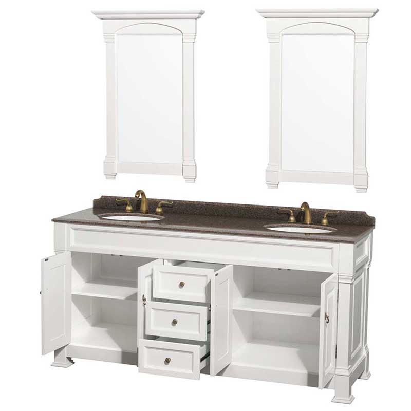 Andover 72" Double Bathroom Vanity in White, Imperial Brown Granite Countertop, Undermount Oval Sinks and 28" Mirrors 2
