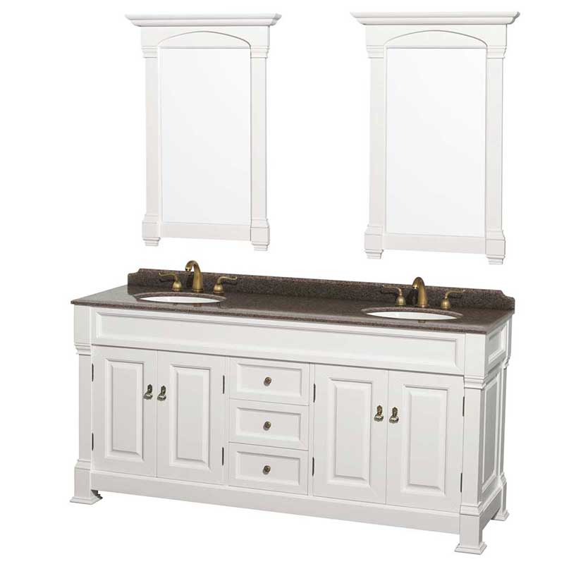 Andover 72" Double Bathroom Vanity in White, Imperial Brown Granite Countertop, Undermount Oval Sinks and 28" Mirrors