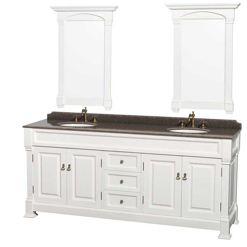 Andover 80" Double Bathroom Vanity in White, Imperial Brown Granite Countertop, Undermount Oval Sinks and 28" Mirrors