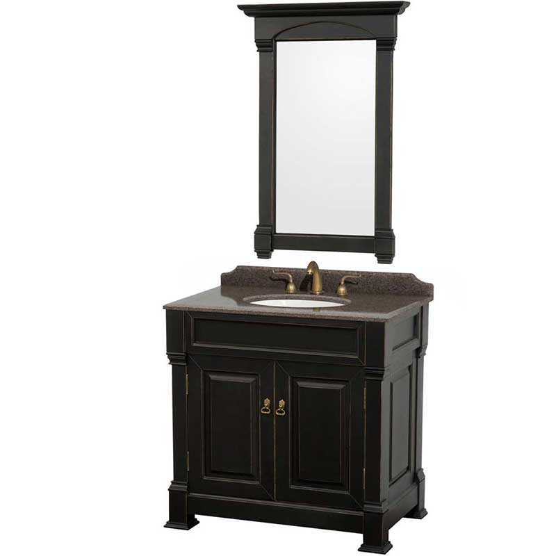 Andover 36" Single Bathroom Vanity in Black, Imperial Brown Granite Countertop, Undermount Oval Sink and 28" Mirror