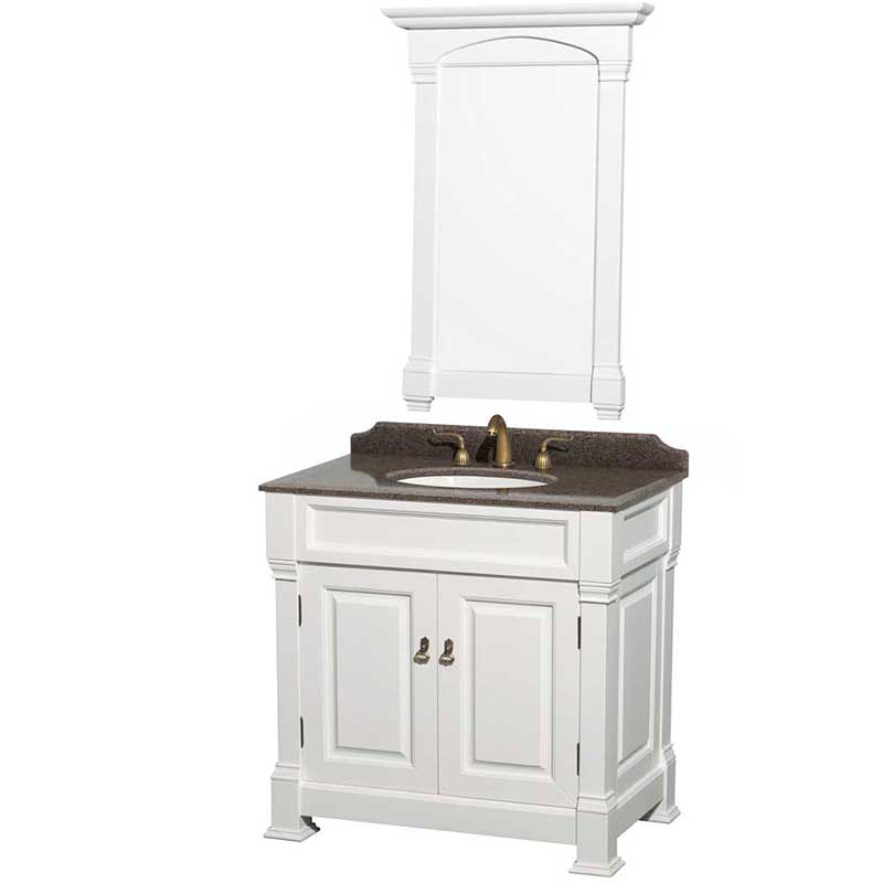 Andover 36" Single Bathroom Vanity in White, Imperial Brown Granite Countertop, Undermount Oval Sink and 28" Mirror