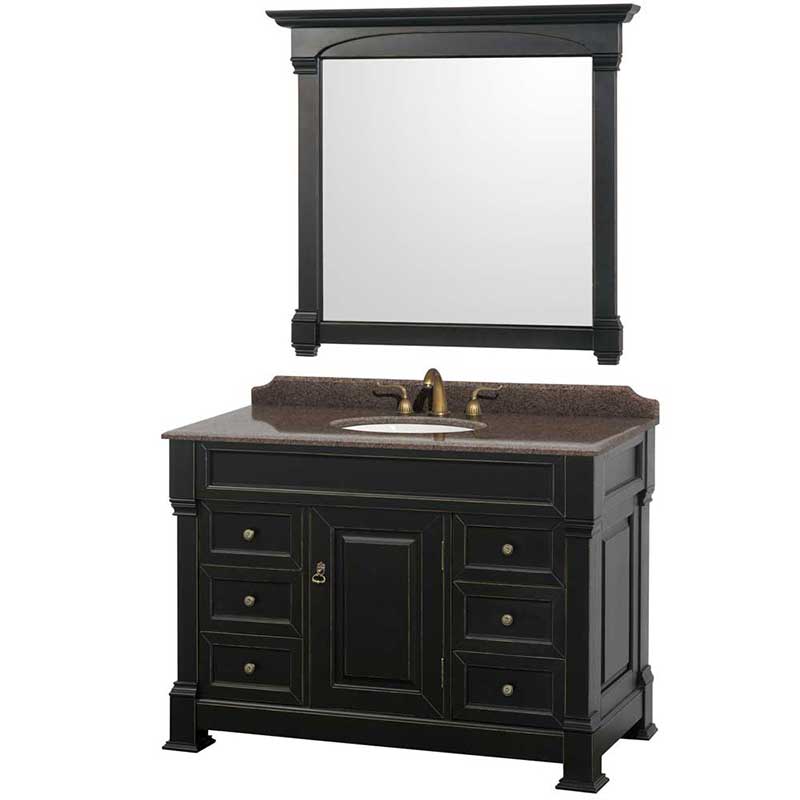 Andover 48" Single Bathroom Vanity in Black, Imperial Brown Granite Countertop, Undermount Oval Sink and 44" Mirror