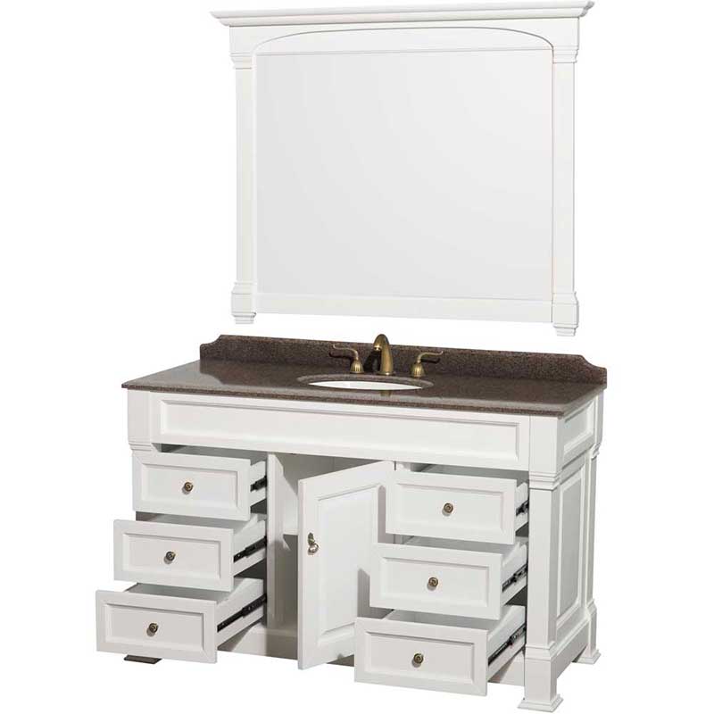 Andover 55" Single Bathroom Vanity in White, Imperial Brown Granite Countertop, Undermount Oval Sink and 50" Mirror 2
