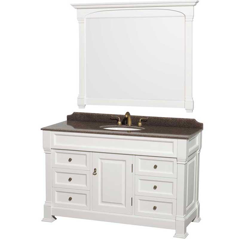 Andover 55" Single Bathroom Vanity in White, Imperial Brown Granite Countertop, Undermount Oval Sink and 50" Mirror