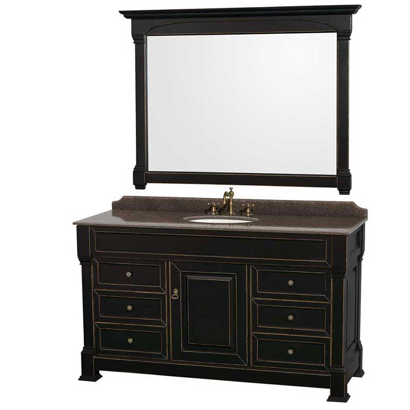 Andover 60" Single Bathroom Vanity in Black, Imperial Brown Granite Countertop, Undermount Oval Sink and 56" Mirror
