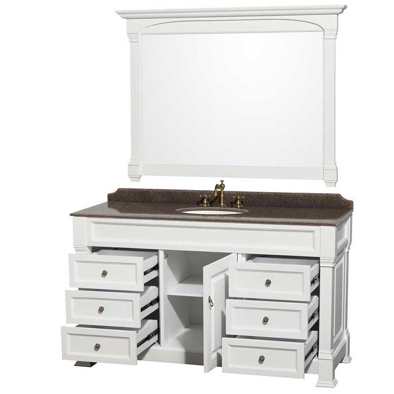 Andover 60" Single Bathroom Vanity in White, Imperial Brown Granite Countertop, Undermount Oval Sink and 56" Mirror 2