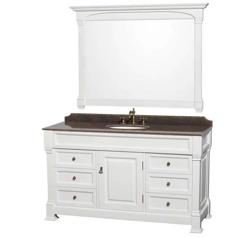 Andover 60" Single Bathroom Vanity in White, Imperial Brown Granite Countertop, Undermount Oval Sink and 56" Mirror
