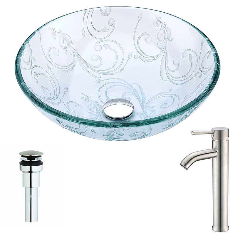 Anzzi Vieno Series Deco-Glass Vessel Sink in Crystal Clear Floral with Fann Faucet in Brushed Nickel