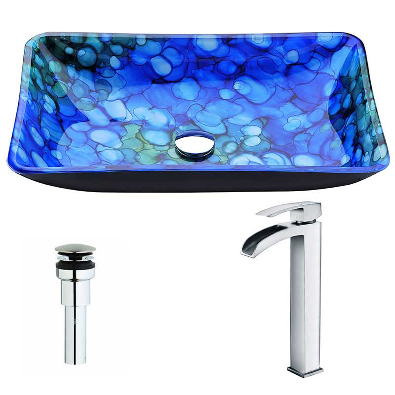 Anzzi Voce Series Deco-Glass Vessel Sink in Lustrous Blue with Key Faucet in Polished Chrome
