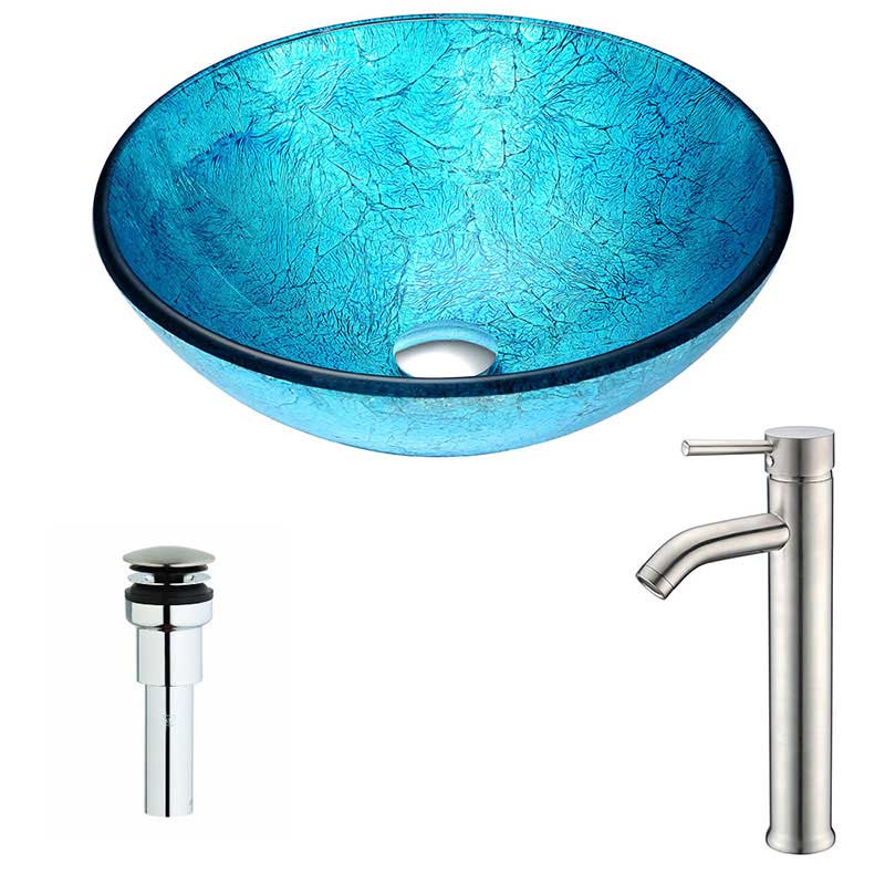 Anzzi Accent Series Deco-Glass Vessel Sink in Emerald Ice with Fann Faucet in Brushed Nickel