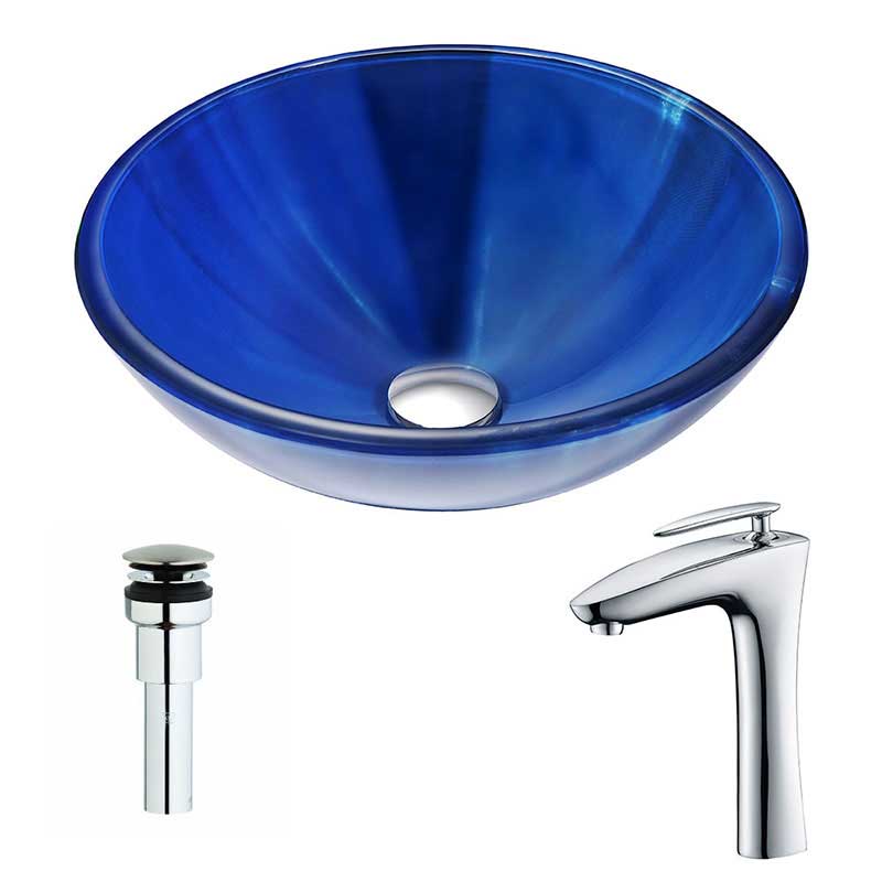 Anzzi Meno Series Deco-Glass Vessel Sink in Lustrous Blue with Crown Faucet in Chrome