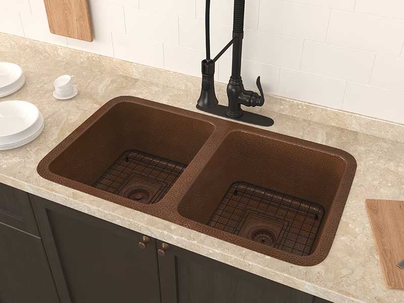 Anzzi Eastern Drop-in Handmade Copper 32 in. 0-Hole 50/50 Double Bowl Kitchen Sink in Hammered Antique Copper SK-032 3