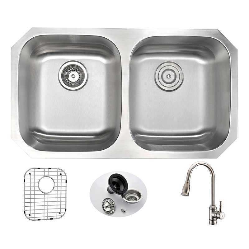 Anzzi MOORE Undermount Stainless Steel 32 in. Double Bowl Kitchen Sink and Faucet Set with Sails Faucet in Brushed Nickel