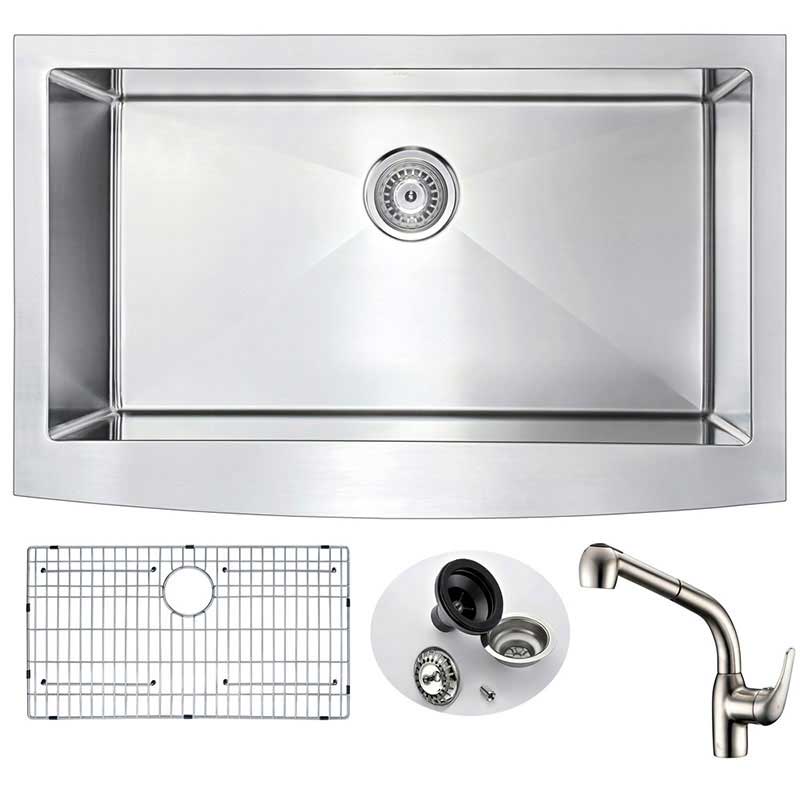 Anzzi ELYSIAN Farmhouse Stainless Steel 36 in. 0-Hole Kitchen Sink and Faucet Set with Harbour Faucet in Brushed Nickel