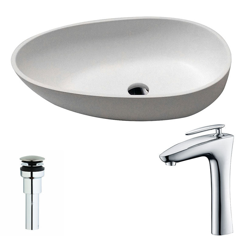 Anzzi Trident One Piece Man Made Stone Vessel Sink in Matte White with Crown Faucet in Chrome