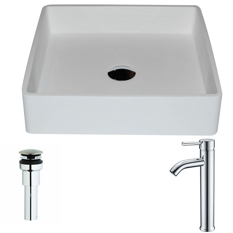 Anzzi Passage One Piece Man Made Stone Vessel Sink in Matte White with Fann Faucet in Chrome