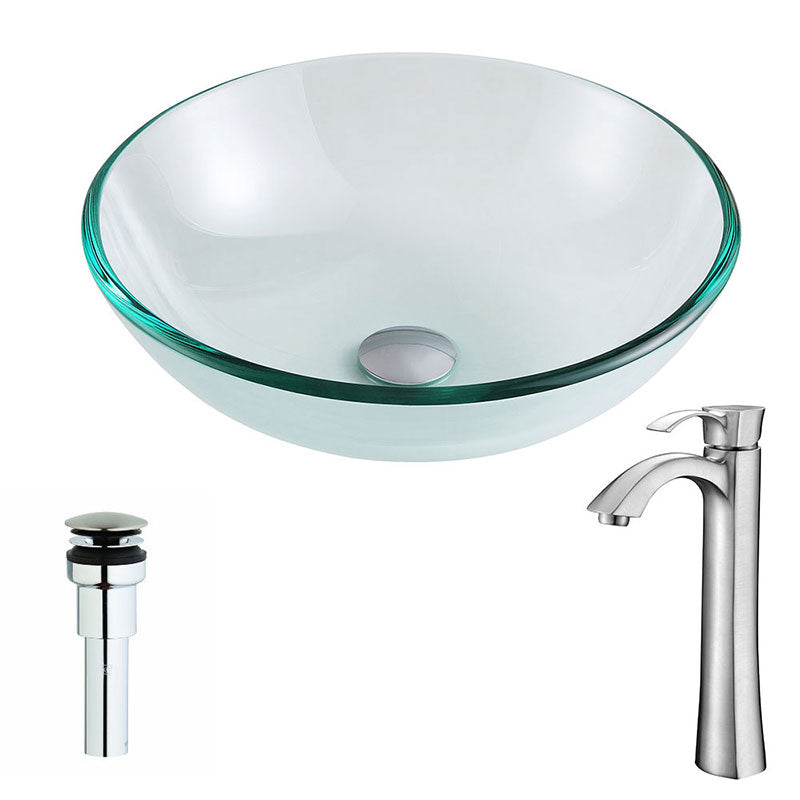 Anzzi Etude Series Deco-Glass Vessel Sink in Lustrous Clear Finish with Harmony Faucet in Brushed Nickel