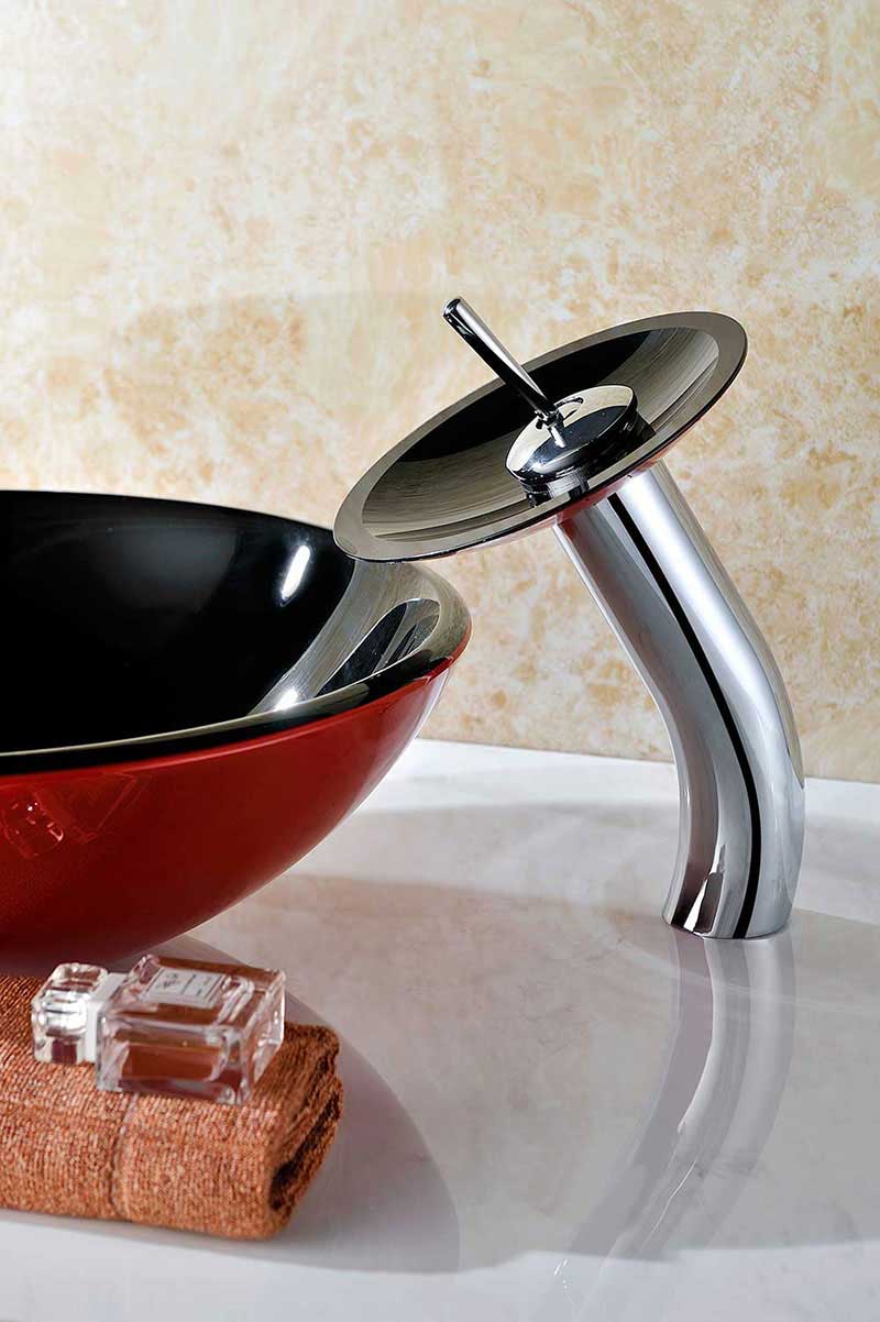 Anzzi Chord Series Deco-Glass Vessel Sink in Lustrous Black and Red with Matching Chrome Waterfall Faucet 2