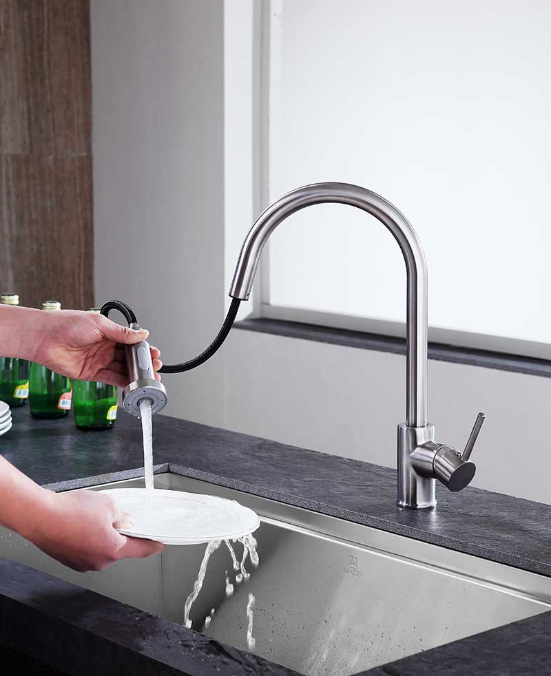 Anzzi Tycho Single-Handle Pull-Out Sprayer Kitchen Faucet in Brushed Nickel KF-AZ213BN 7