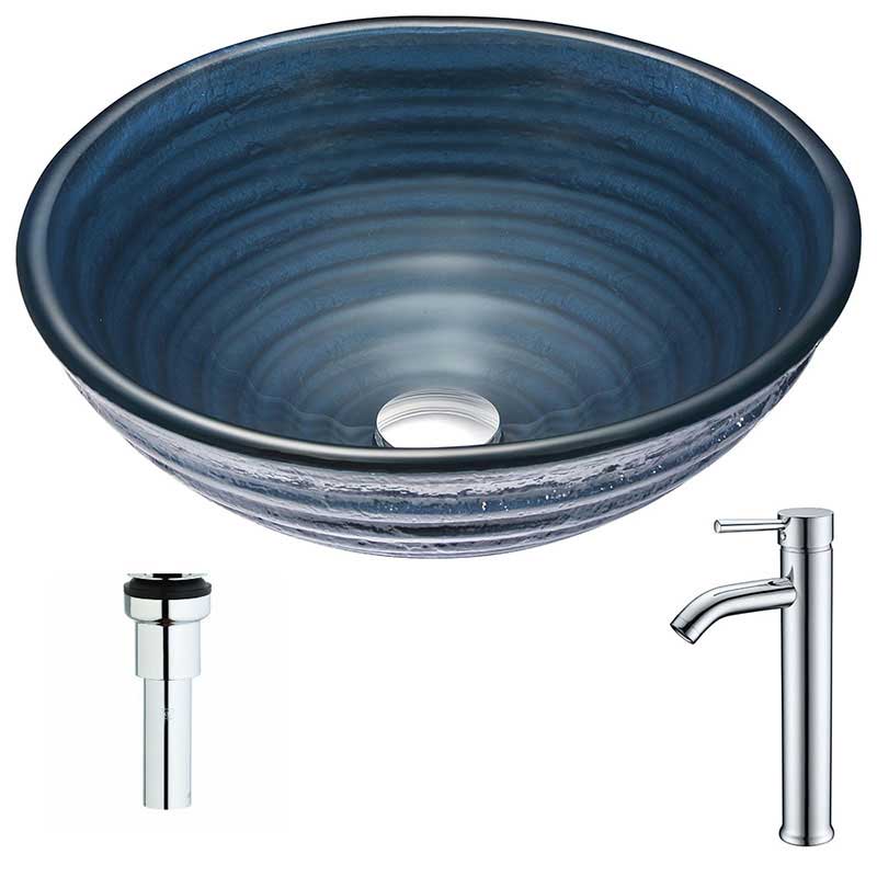 Anzzi Tempo Series Deco-Glass Vessel Sink in Coiled Blue with Fann Faucet in Chrome