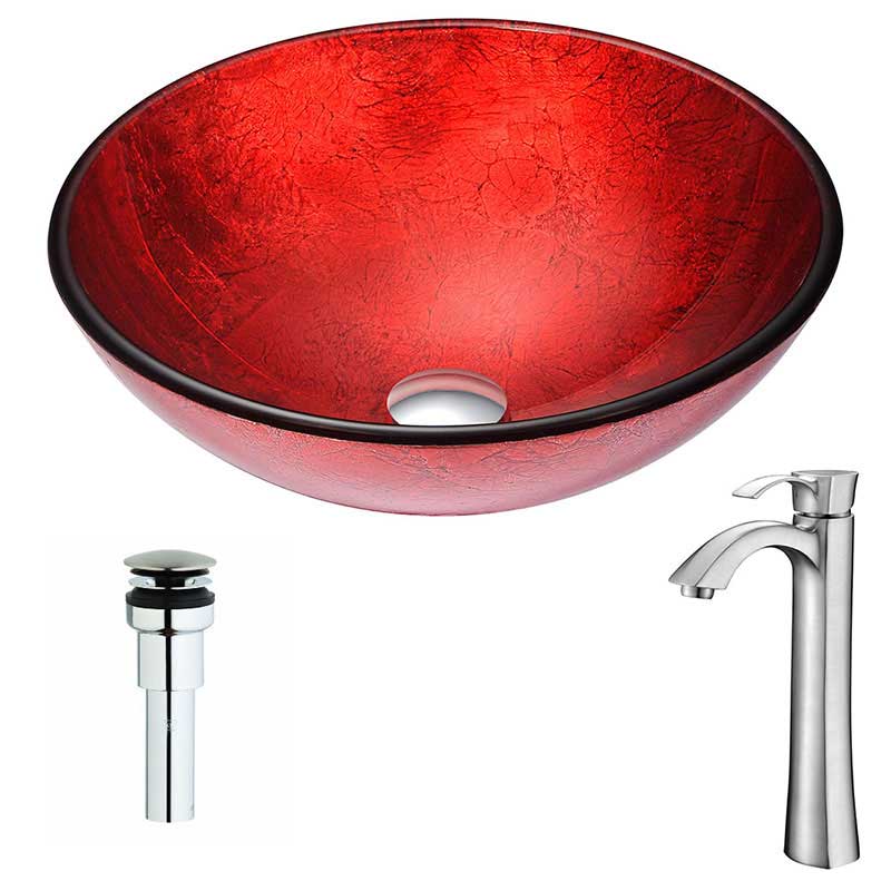 Anzzi Crown Series Deco-Glass Vessel Sink in Lustrous Red with Harmony Faucet in Brushed Nickel