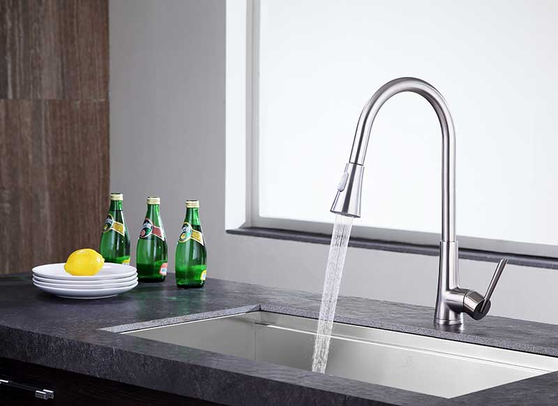 Anzzi Tulip Single-Handle Pull-Out Sprayer Kitchen Faucet in Brushed Nickel KF-AZ216BN 16
