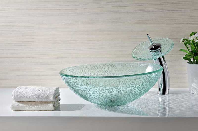 Anzzi Choir Series Deco-Glass Vessel Sink in Crystal Clear Mosaic with Matching Chrome Waterfall Faucet 10