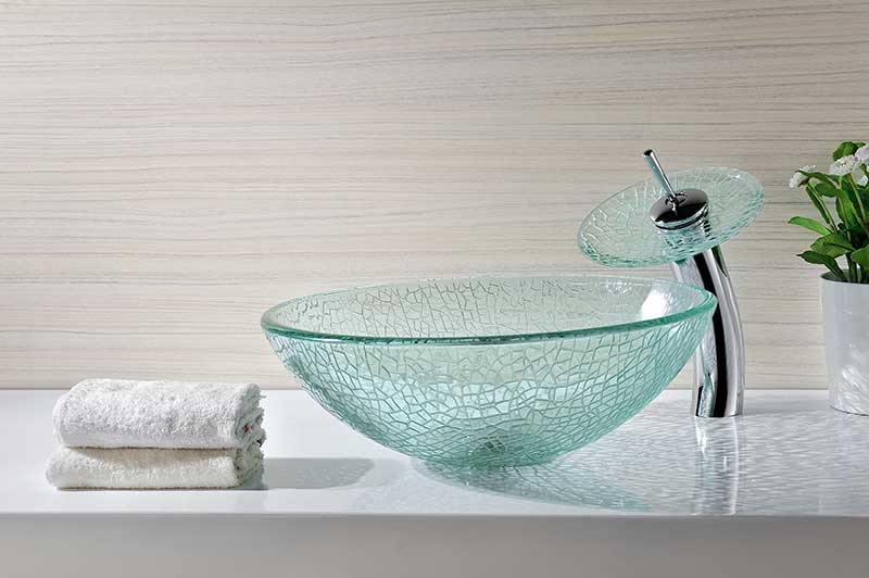Anzzi Paeva Series Deco-Glass Vessel Sink in Crystal Clear Chipasi with Matching Chrome Waterfall Faucet LS-AZ8112 10