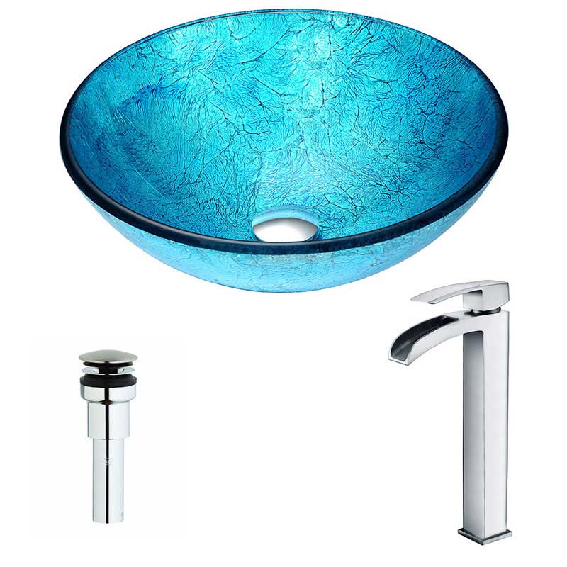 Anzzi Accent Series Deco-Glass Vessel Sink in Emerald Ice with Key Faucet in Polished Chrome