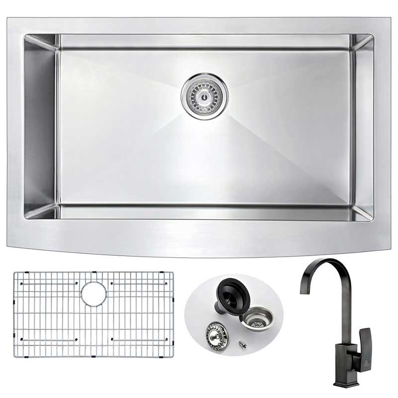 Anzzi ELYSIAN Farmhouse Stainless Steel 36 in. 0-Hole Kitchen Sink and Faucet Set with Opus Faucet in Oil Rubbed Bronze