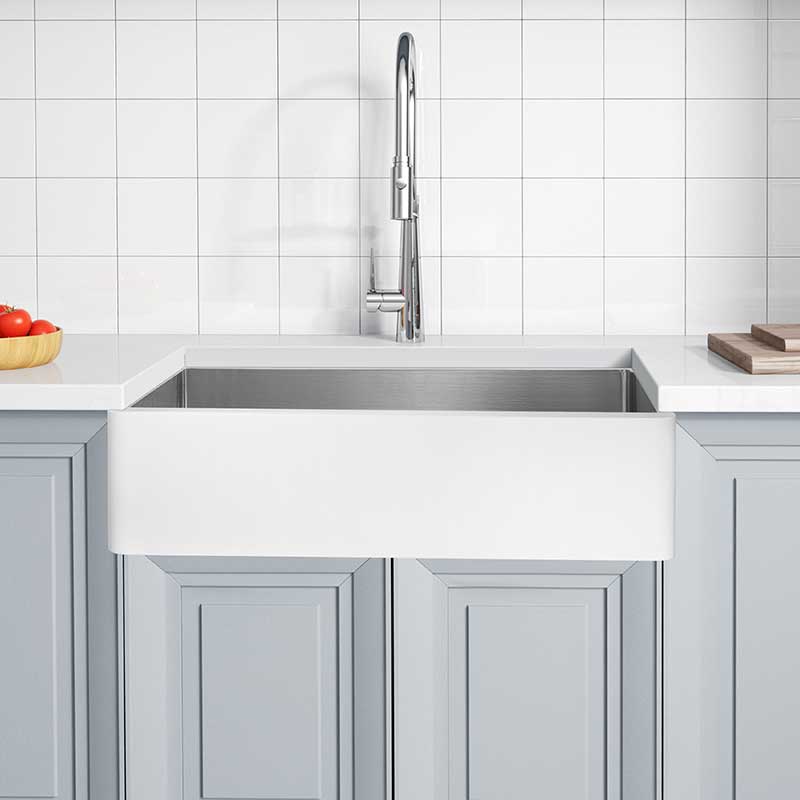 Anzzi Apollo Series Farmhouse Solid Surface 36 in. 0-Hole Single Bowl Kitchen Sink with Stainless Steel Interior in Matte White K-AZ271-A1 6