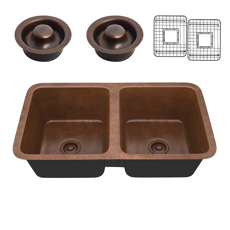 Anzzi Eastern Drop-in Handmade Copper 32 in. 0-Hole 50/50 Double Bowl Kitchen Sink in Hammered Antique Copper SK-032
