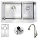 Anzzi ELYSIAN Farmhouse Stainless Steel 36 in. Double Bowl Kitchen Sink and Faucet Set with Accent Faucet in Brushed Nickel