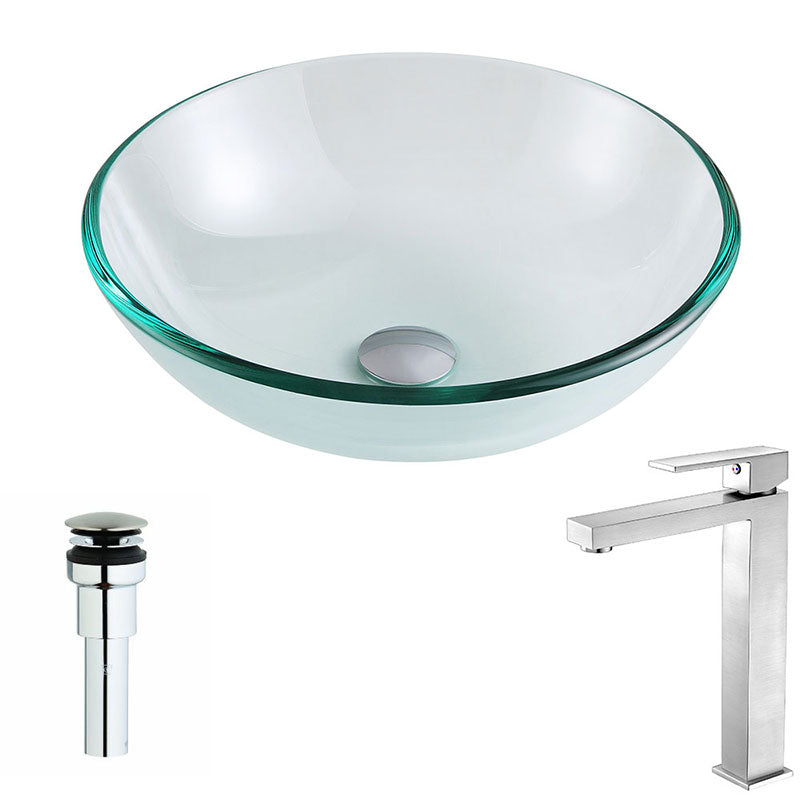 Anzzi Etude Series Deco-Glass Vessel Sink in Lustrous Clear with Enti Faucet in Brushed Nickel
