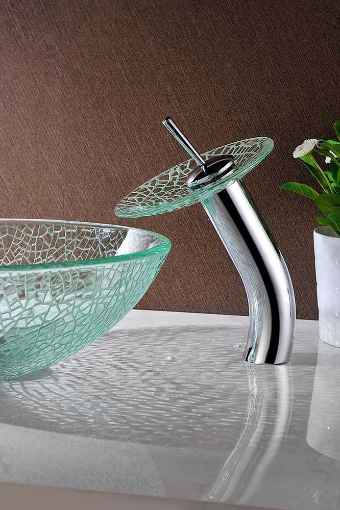 Anzzi Paeva Series Deco-Glass Vessel Sink in Crystal Clear Chipasi with Matching Chrome Waterfall Faucet LS-AZ8112 5