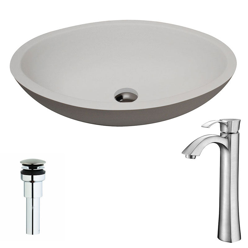 Anzzi Maine Series 1-Piece Man Made Stone Vessel Sink in Matte White with Harmony Faucet in Brushed Nickel