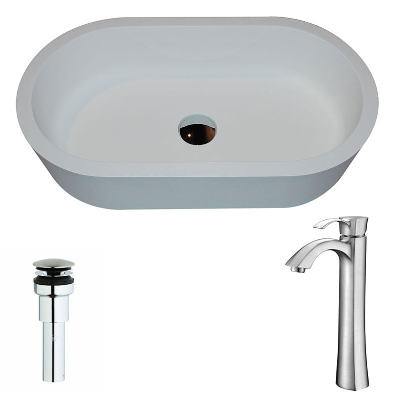 Anzzi Vaine Series 1-Piece Man Made Stone Vessel Sink in Matte White with Harmony Faucet in Brushed Nickel