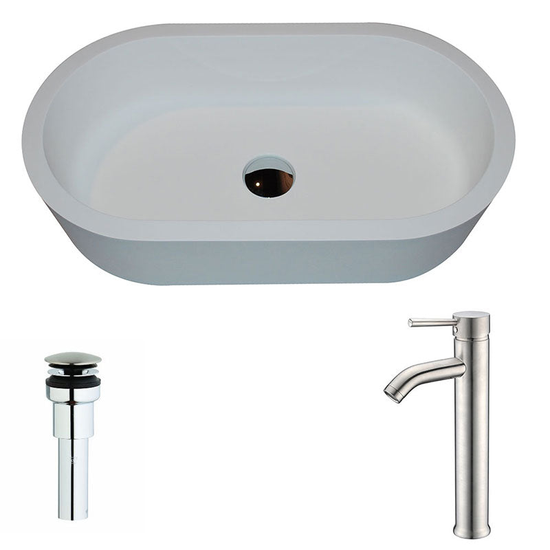Anzzi Vaine Series 1-Piece Man Made Stone Vessel Sink in Matte White with Fann Faucet in Brushed Nickel