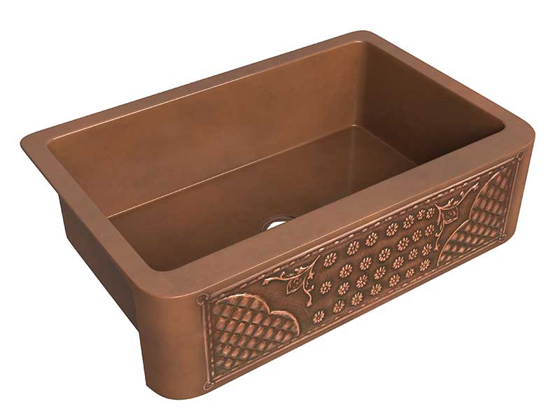 Anzzi Macedonian Farmhouse Handmade Copper 33 in. 0-Hole Single Bowl Kitchen Sink with Flower Bed Design Panel in Polished Antique Copper SK-011 5