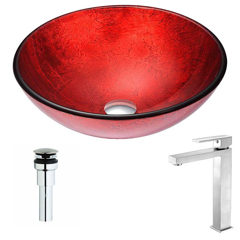 Anzzi Crown Series Deco-Glass Vessel Sink in Lustrous Red with Enti Faucet in Brushed Nickel