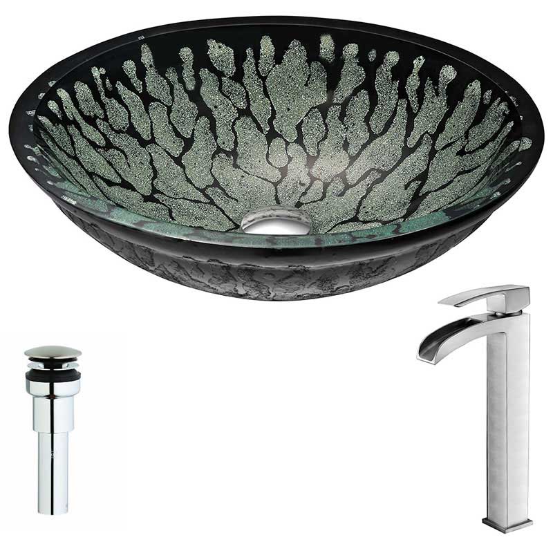 Anzzi Bravo Series Deco-Glass Vessel Sink in Lustrous Black with Key Faucet in Brushed Nickel