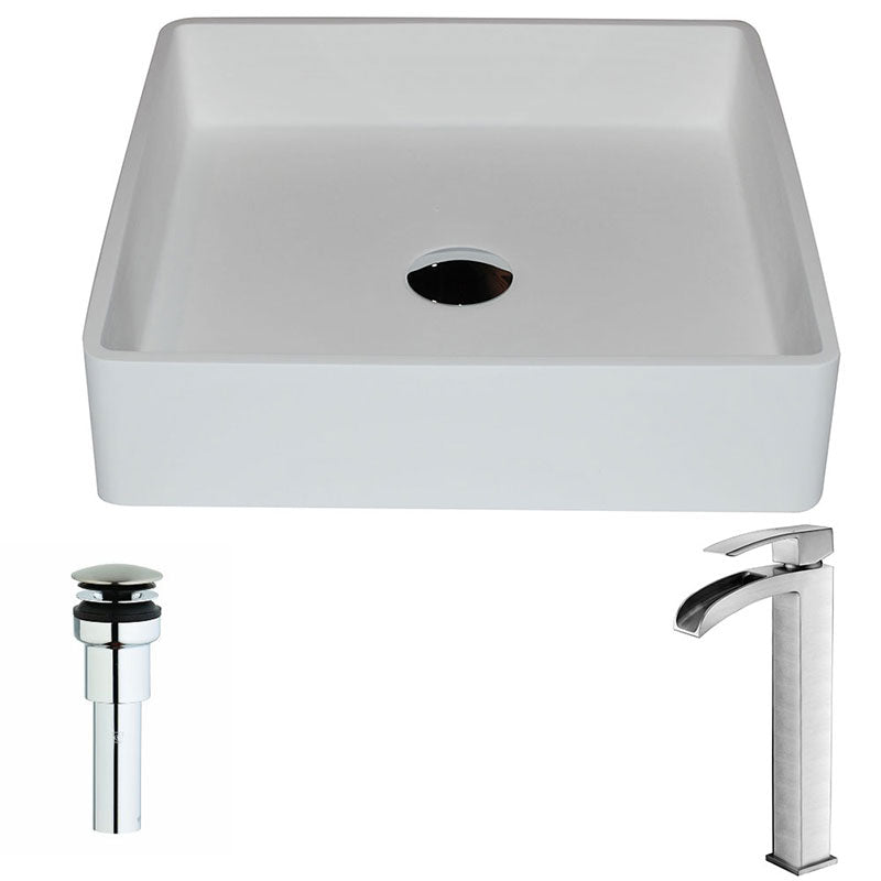 Anzzi Passage Series 1-Piece Man Made Stone Vessel Sink in Matte White with Key Faucet in Brushed Nickel