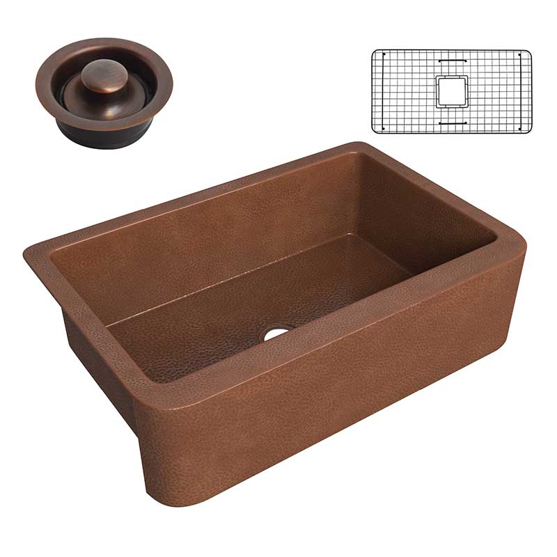 Anzzi Miletus Farmhouse Handmade Copper 33 in. 0-Hole Single Bowl Kitchen Sink in Hammered Antique Copper SK-013