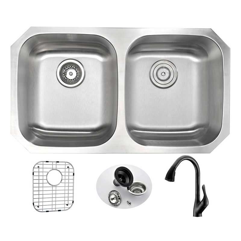 Anzzi MOORE Undermount Stainless Steel 32 in. Double Bowl Kitchen Sink and Faucet Set with Accent Faucet in Oil Rubbed Bronze